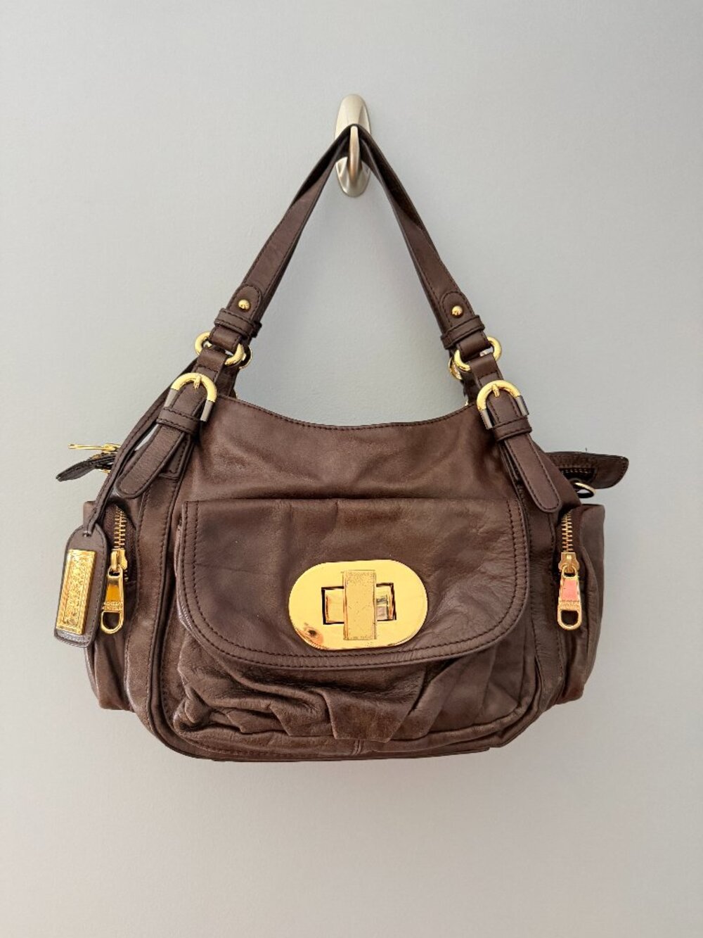 Badgley Mischka Brown Leather Hobo Shoulder Bag with Gold-Tone Hardware